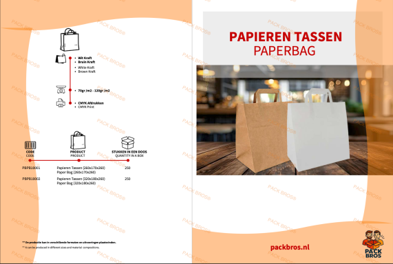 Papieren tassen en papieren zakken met specificaties en instructies.