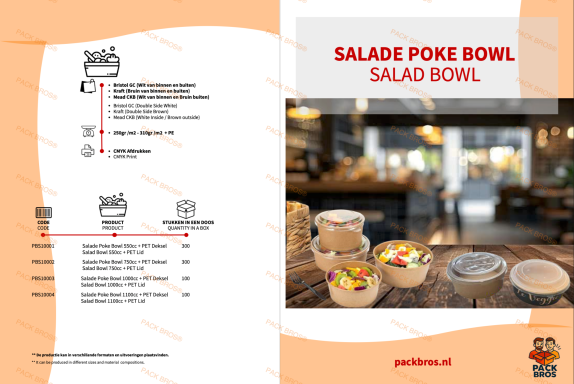 Menu pagina met salade poke bowl opties en prijzen, tegen een sfeervolle achtergrond.