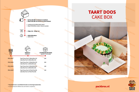 Taartdoos met een versierde taart in een witte doos op een houten ondergrond.