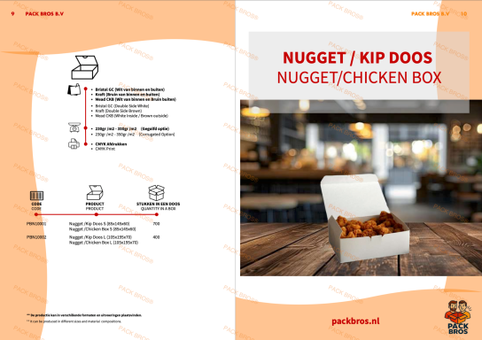 Kipnuggets in een witte doos met oranje en witte achtergrond.