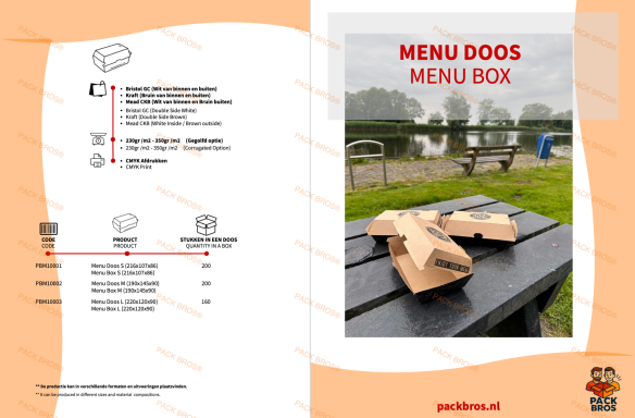 Menu doos met verschillende gerechten, geplaatst op een houten tafel met uitzicht op water.